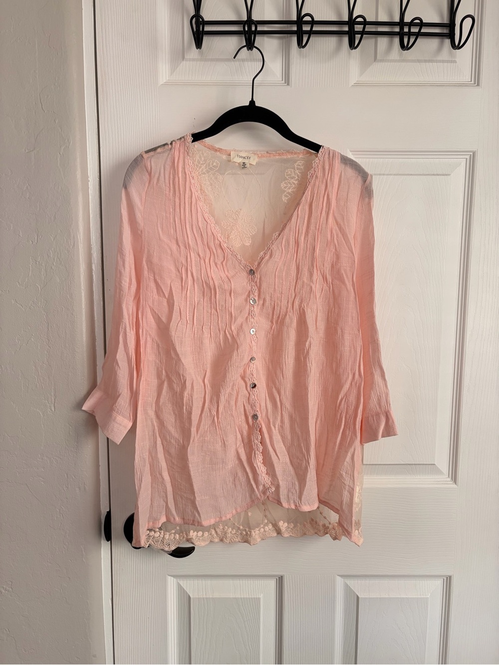 Women's Light Pink Lace-Trim Button Front Blouse